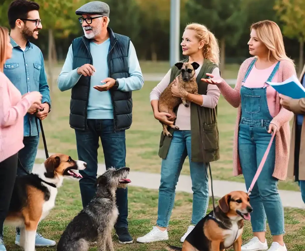 gruppe hundeejere der snakker om hundefoder tilbud og deler tips og tricks