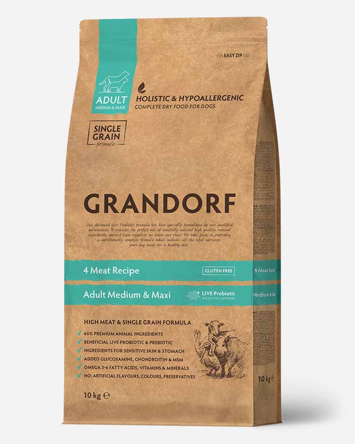 Grandorf Adult 4 Meat - Lam, Kalkun, And og Vildsvin - 10kg bedste hundefoder til golden retrievers