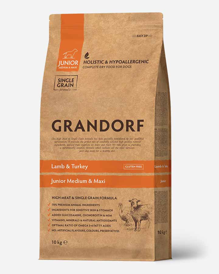 Grandorf Junior - Lam og Kalkun - 10kg (bedste hundefoder til golden retriever hvalpe)